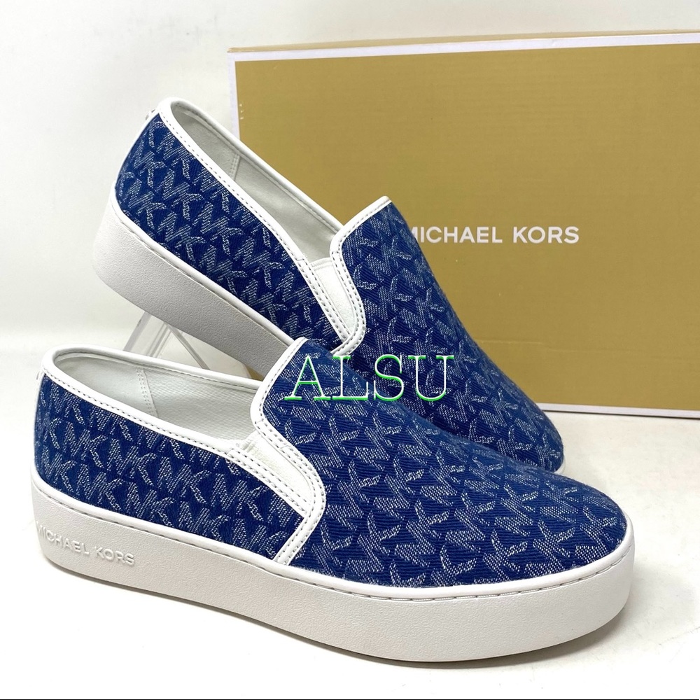 SANTA’S DEAL 🎄 Michael Kors Platform Teddi Slip On Jacquard Blue Women Size 7.5 - Picture 3 of 11